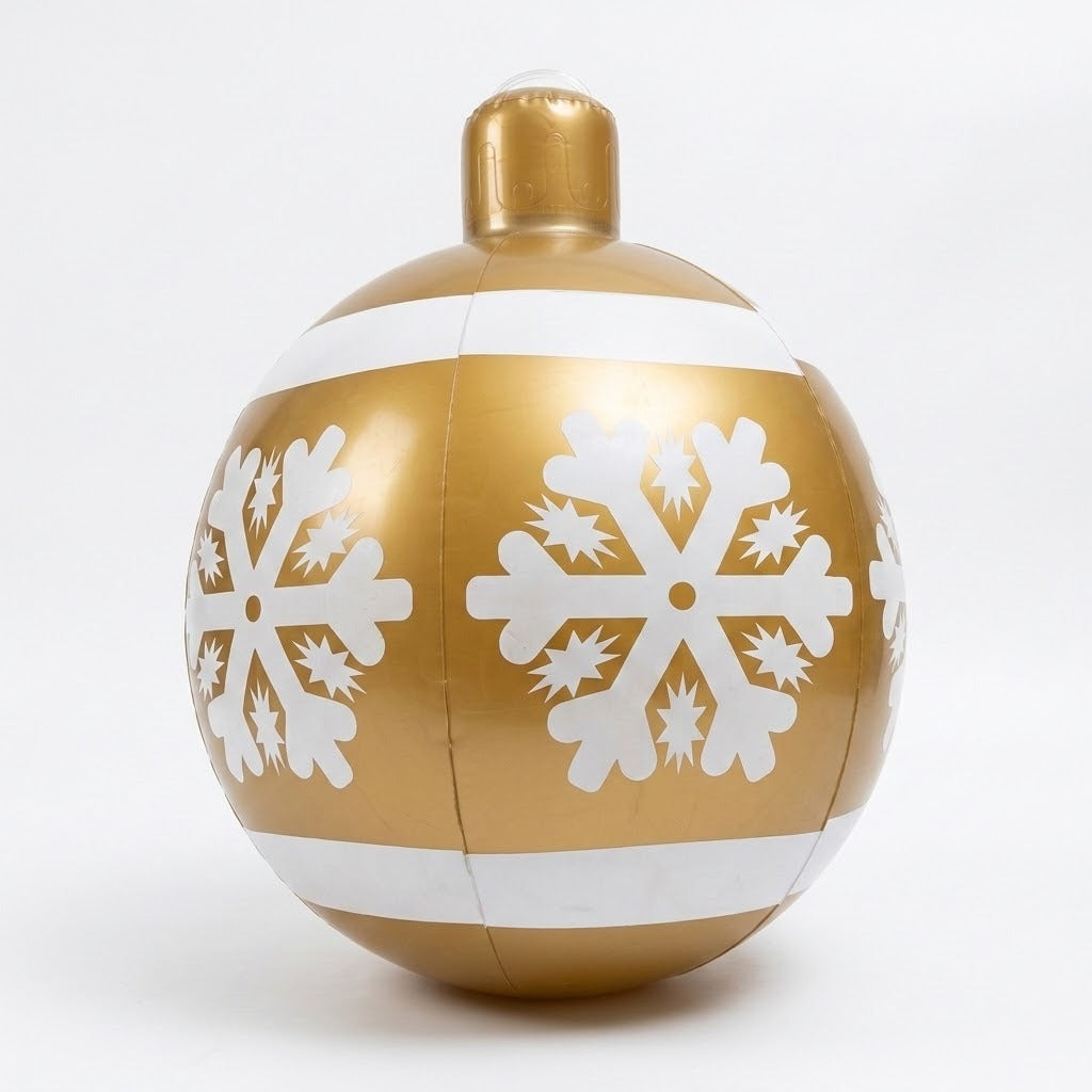 A gold inflatable Christmas ornament with white snowflakes, two white stripes, and visible panel seams stands against a white background.