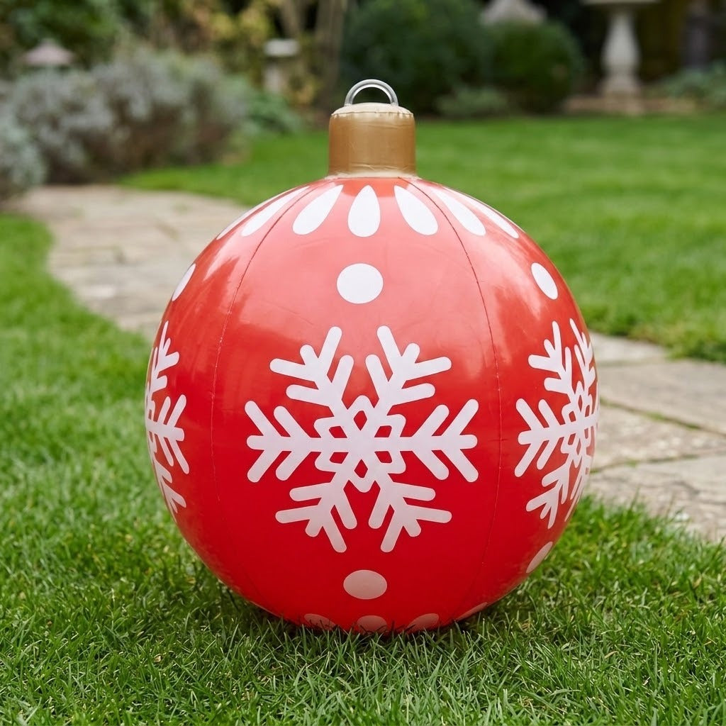 A red inflatable Christmas ornament with white snowflakes, dots, and a gold cap rests on grass beside a stone garden path.