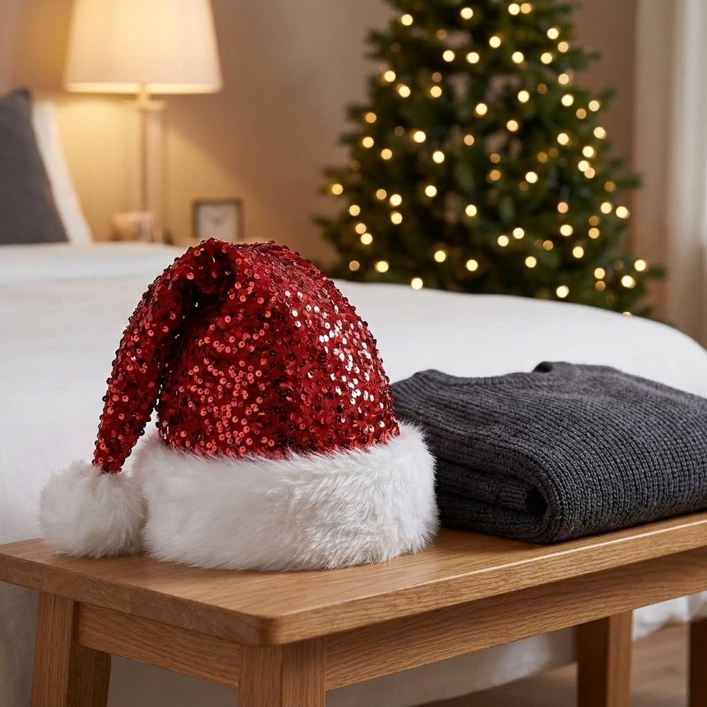 A festive red sequined Santa hat with a white faux-fur trim and pom-pom sits on a wooden table next to a folded dark gray sweater, with a softly blurred Christmas tree and bedroom background.