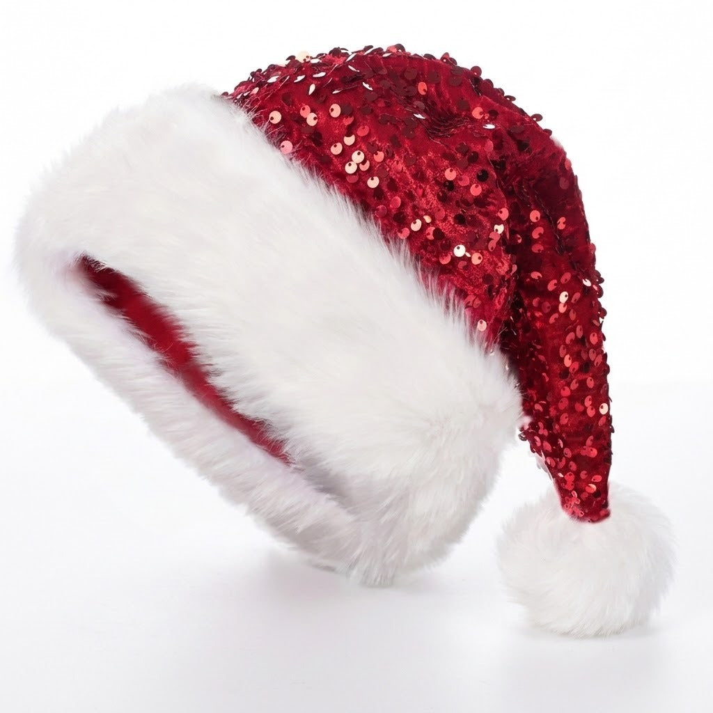 A festive Santa hat with a red sequined body, white faux fur trim, and a white pom-pom, shown on a clean white background.