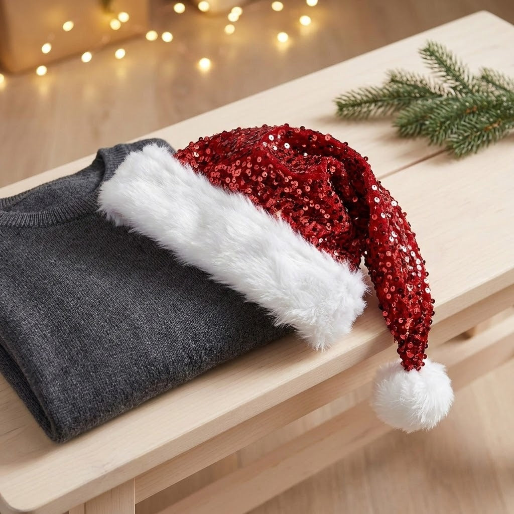 A festive Christmas Santa hat with red sequins and white faux fur trim, draped over a folded dark gray sweater on a light wooden table with warm string lights in the background.