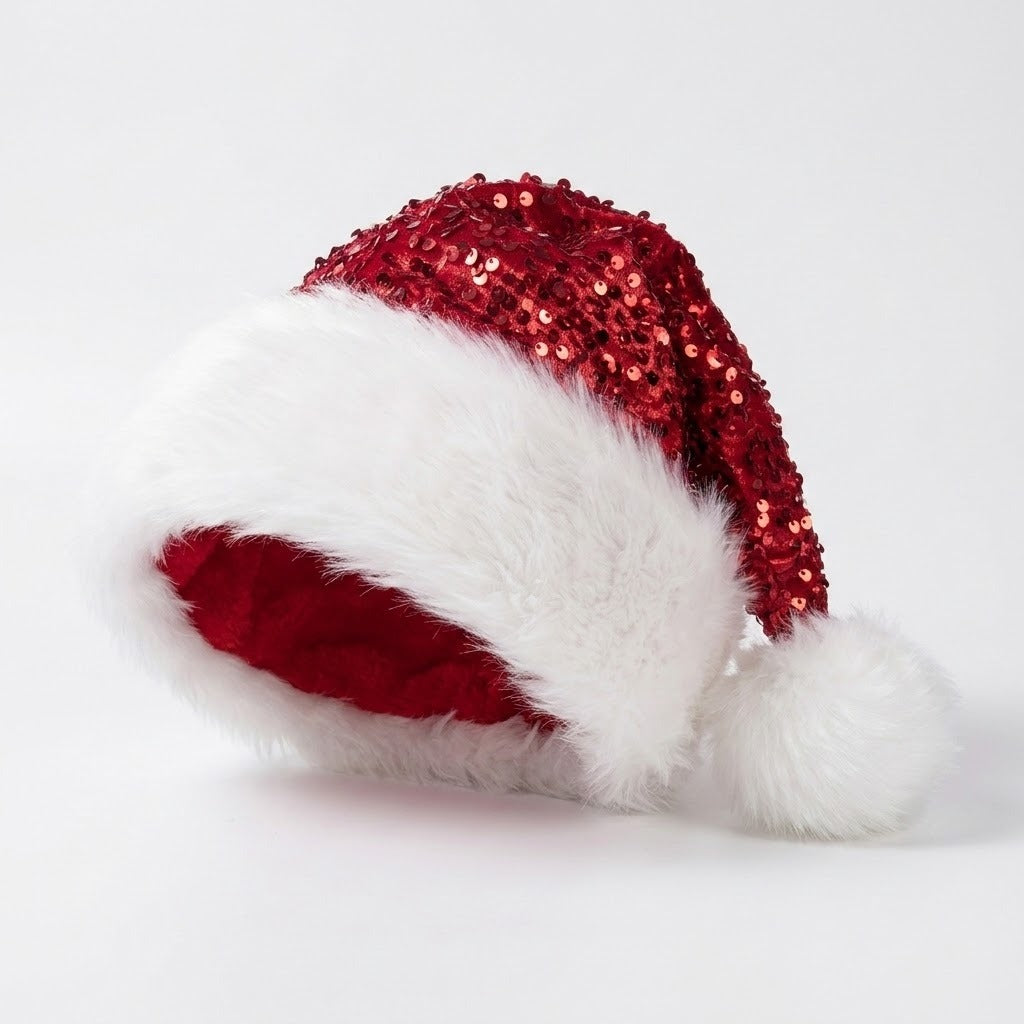 A festive Santa hat featuring a red sequined crown, a fluffy white faux fur trim, a red velvet inner lining, and a white pom-pom, shown on a clean white background.