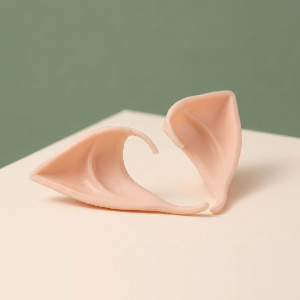 A pair of peach latex elf ears rests at contrasting angles on a cream surface against a muted green background.