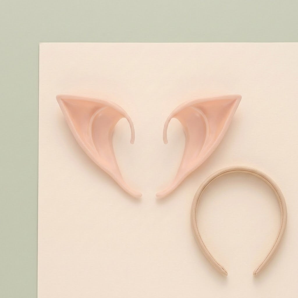 A pair of peach latex elf ears and a thin gold-colored headband lie on a cream board against pale green.