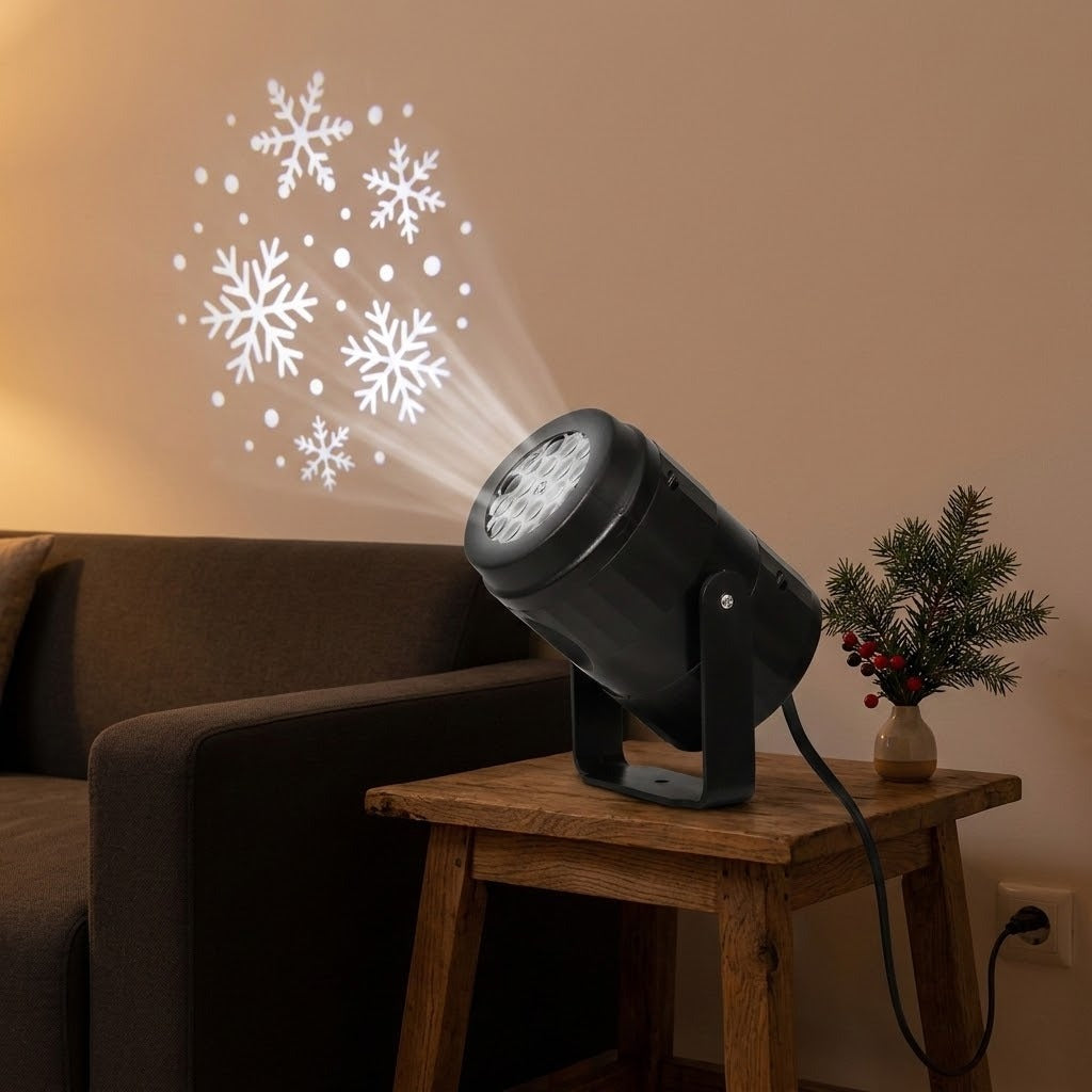 A black snowflake projector sits on a wooden side table beside a sofa, casting white snowflakes onto a beige wall.