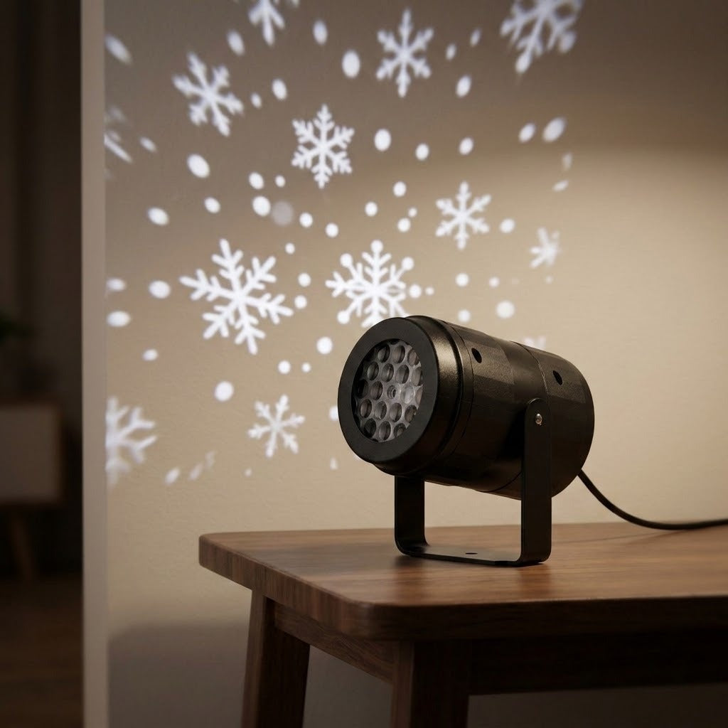 A black projector on a wooden table casts a wide pattern of white snowflakes and dots across a cream wall.