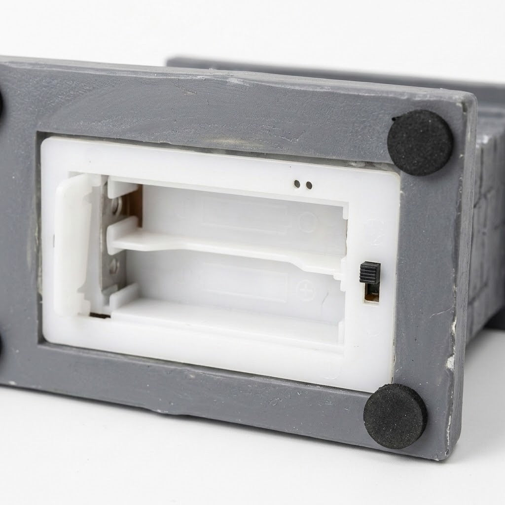 The Christmas decorative light’s gray underside shows an empty white battery compartment, a black sliding switch, and round black feet against white.