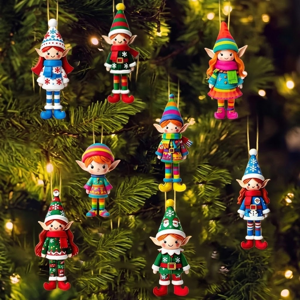 Eight colorful elf ornaments hang by gold strings among Christmas tree branches illuminated with warm lights.
