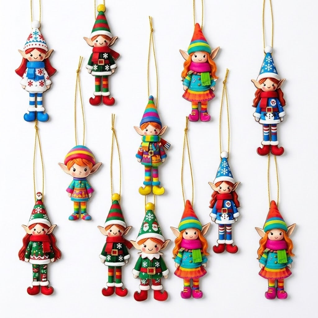 Twelve colorful wooden elf Christmas ornaments with gold hanging strings are arranged against a white background.