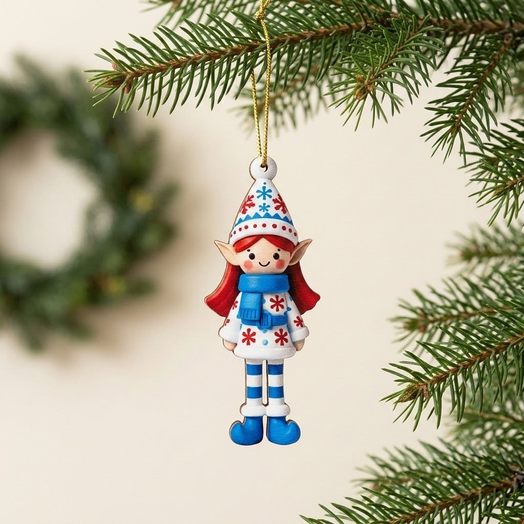 A wooden Christmas ornament depicting a red-haired elf in white and blue hangs from an evergreen branch with a blurred wreath behind.