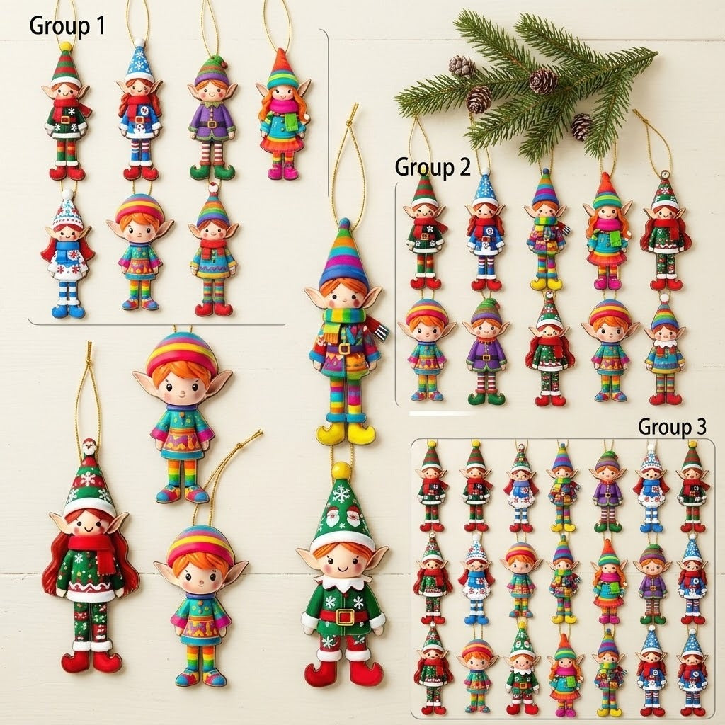 Colorful wooden elf Christmas ornaments with gold strings appear on a cream background in arrangements labeled Group 1, Group 2 and Group 3.