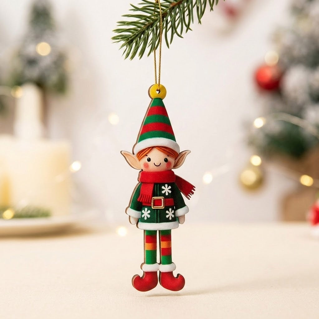 A flat wooden elf Christmas ornament in red and green hangs by gold string from an evergreen branch against a blurred festive background.