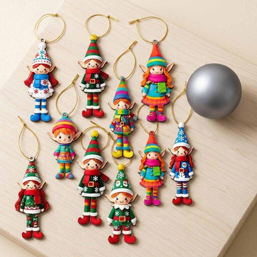 Nine colorful flat wooden elf Christmas ornaments with gold hanging strings lie on a pale wooden board beside a matte gray bauble.