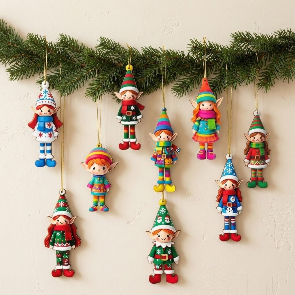Nine colorful wooden elf Christmas ornaments hang by gold strings beneath an evergreen garland against a cream wall.