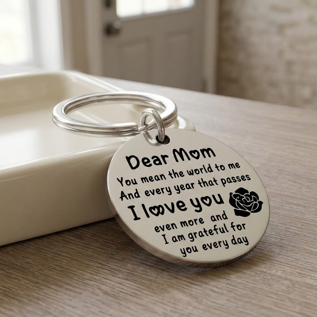 Silver keychain with a circular Dear Mom message pendant and rose motif leans against a cream tray on a wooden surface.