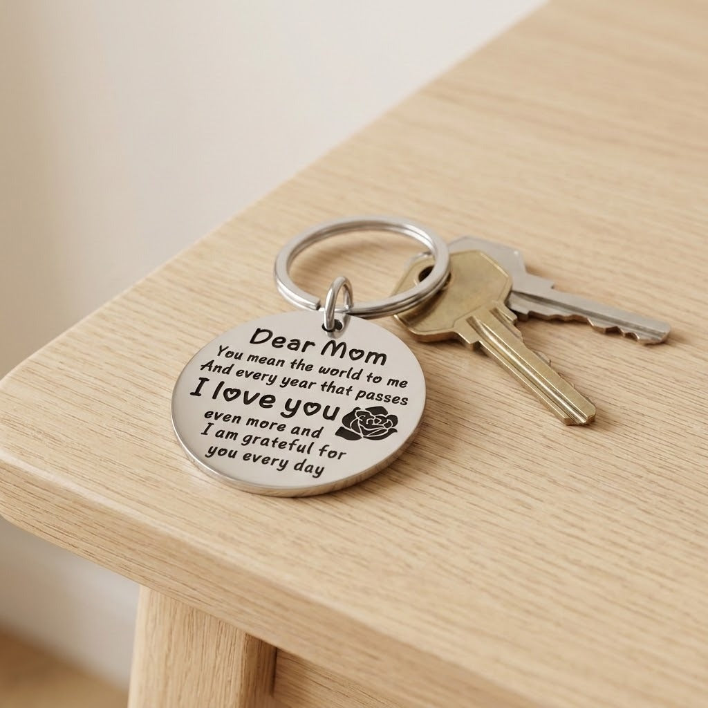 Silver Dear Mom keychain with a black rose motif rests beside two keys on a light wooden tabletop.