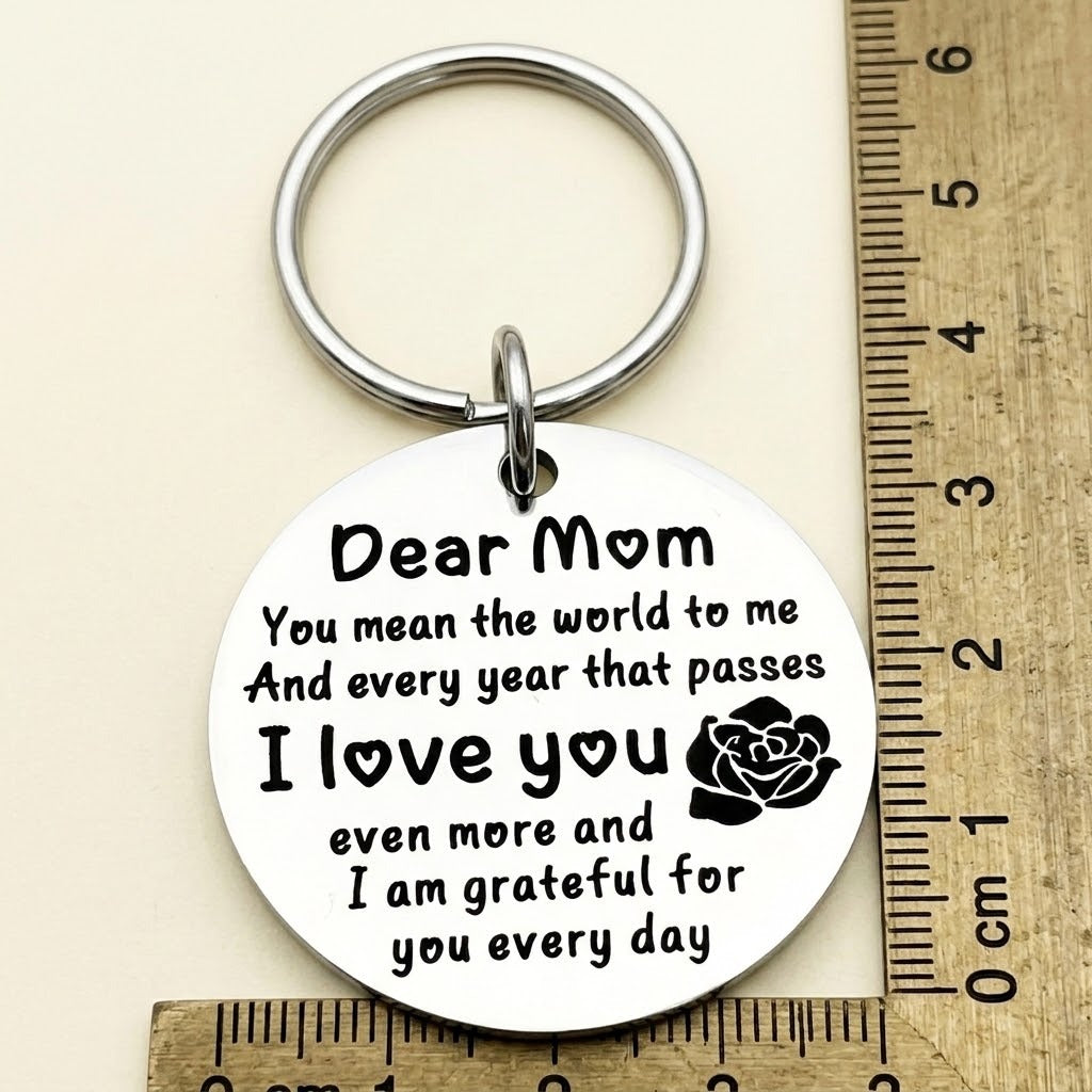 Silver Dear Mom keychain lies beside perpendicular wooden rulers with centimeter markings on a cream background.