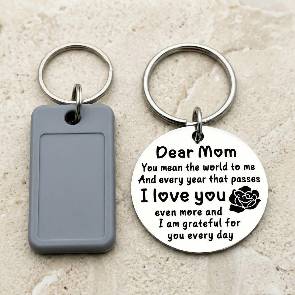 Round silver keychain with a Dear Mom message and black rose beside a gray rectangular key tag on a beige stone surface.