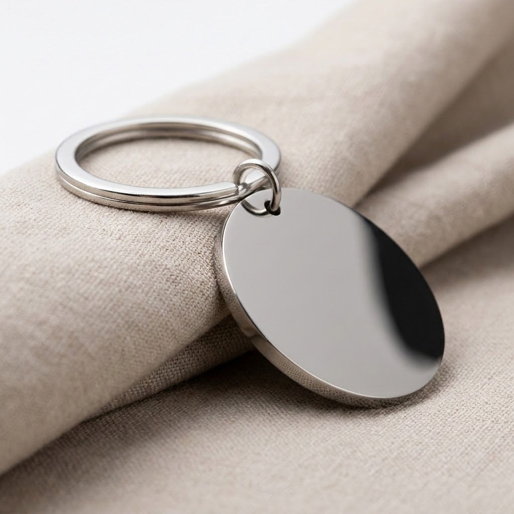 Silver keychain rests diagonally across folded beige fabric, showing its reflective plain pendant reverse and slim edge.