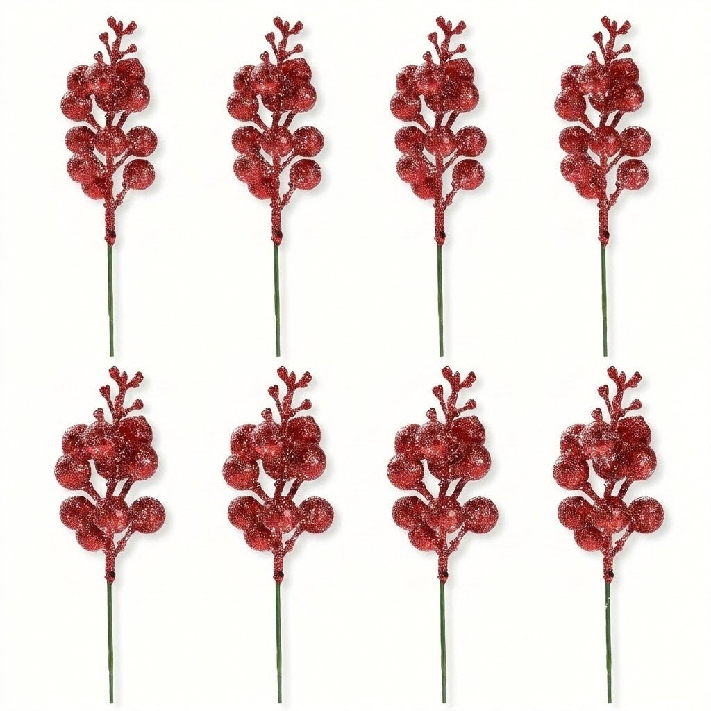 Eight red glitter berry picks with green stems are arranged in two rows of four against a white background.