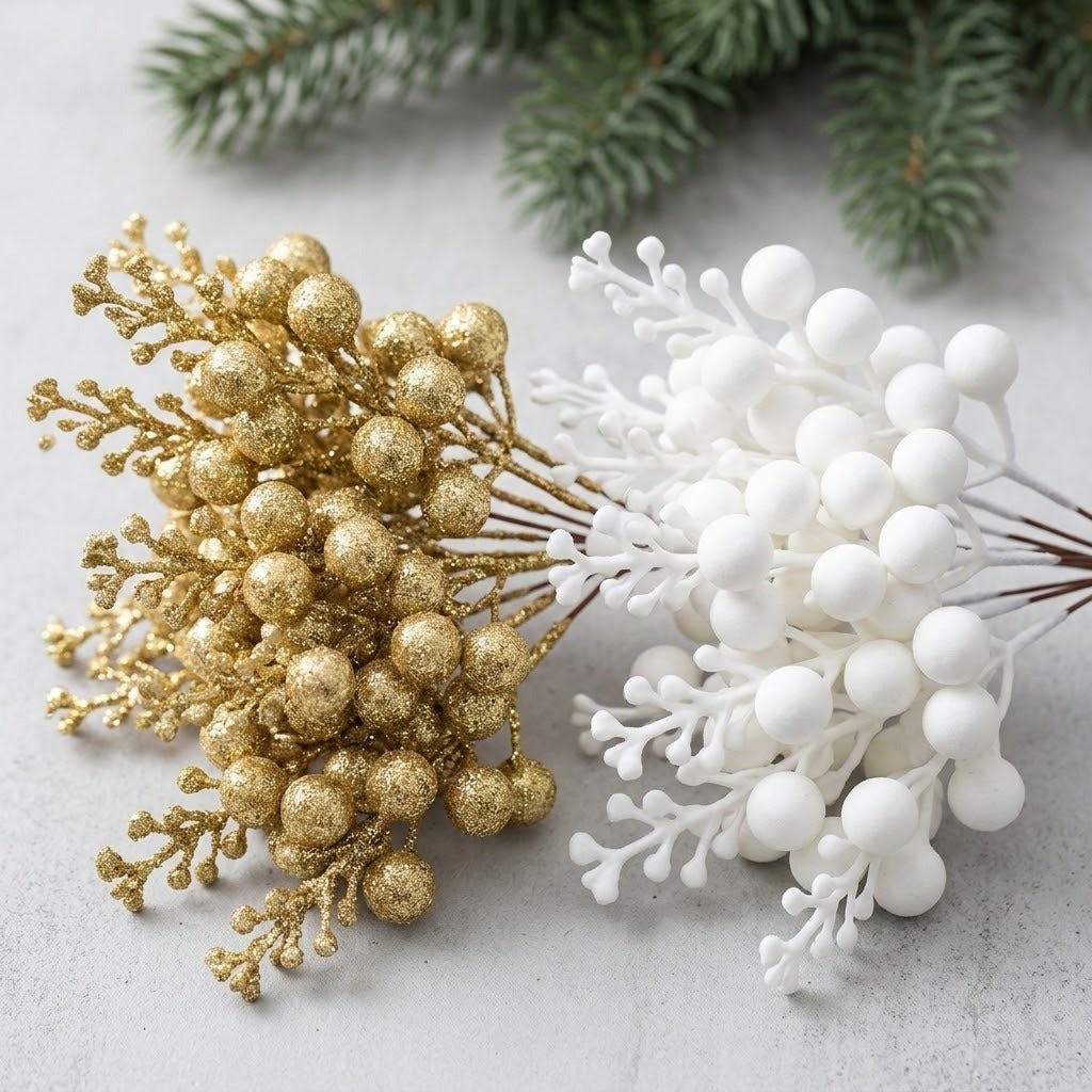 Gold glitter and matte white berry picks rest on a light gray surface beneath evergreen branches.