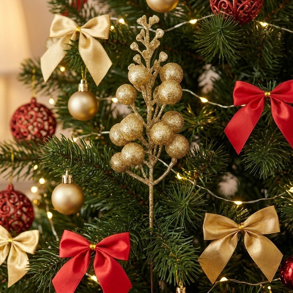 A gold glitter berry pick decorates a Christmas tree among red and gold bows, baubles, and warm string lights.