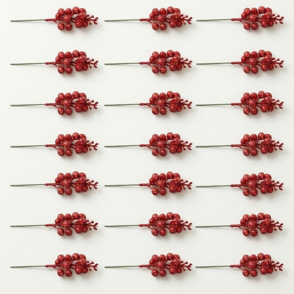 Twenty-one red glitter berry picks with green stems lie in seven rows of three on a light background.