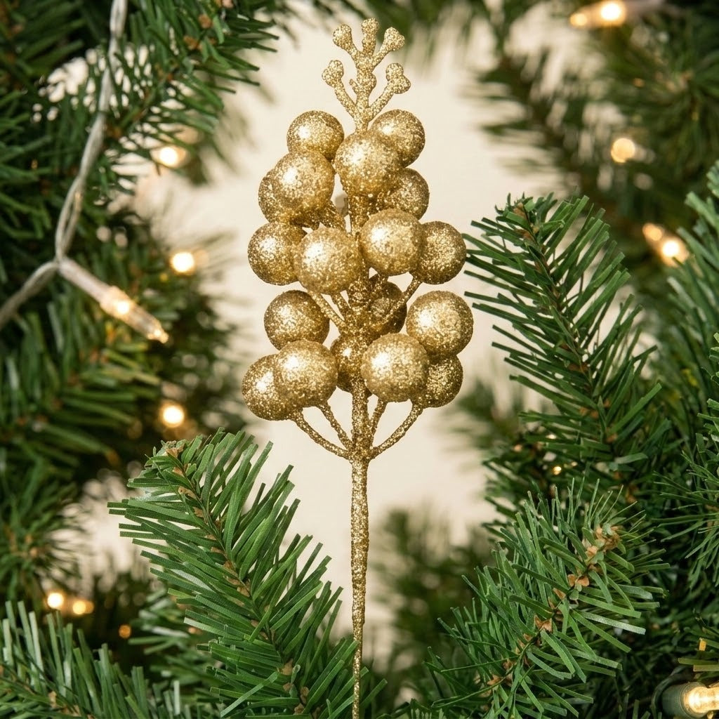 A gold glitter berry pick stands among green Christmas tree branches and warm white string lights.