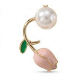 A gold-tone tulip stud earring stands upright against white, with a white pearl-like bead above its green leaf and pink bud.