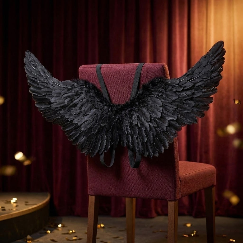 Black feather costume wings hang over a burgundy upholstered chair before red curtains, with gold confetti scattered across the floor.