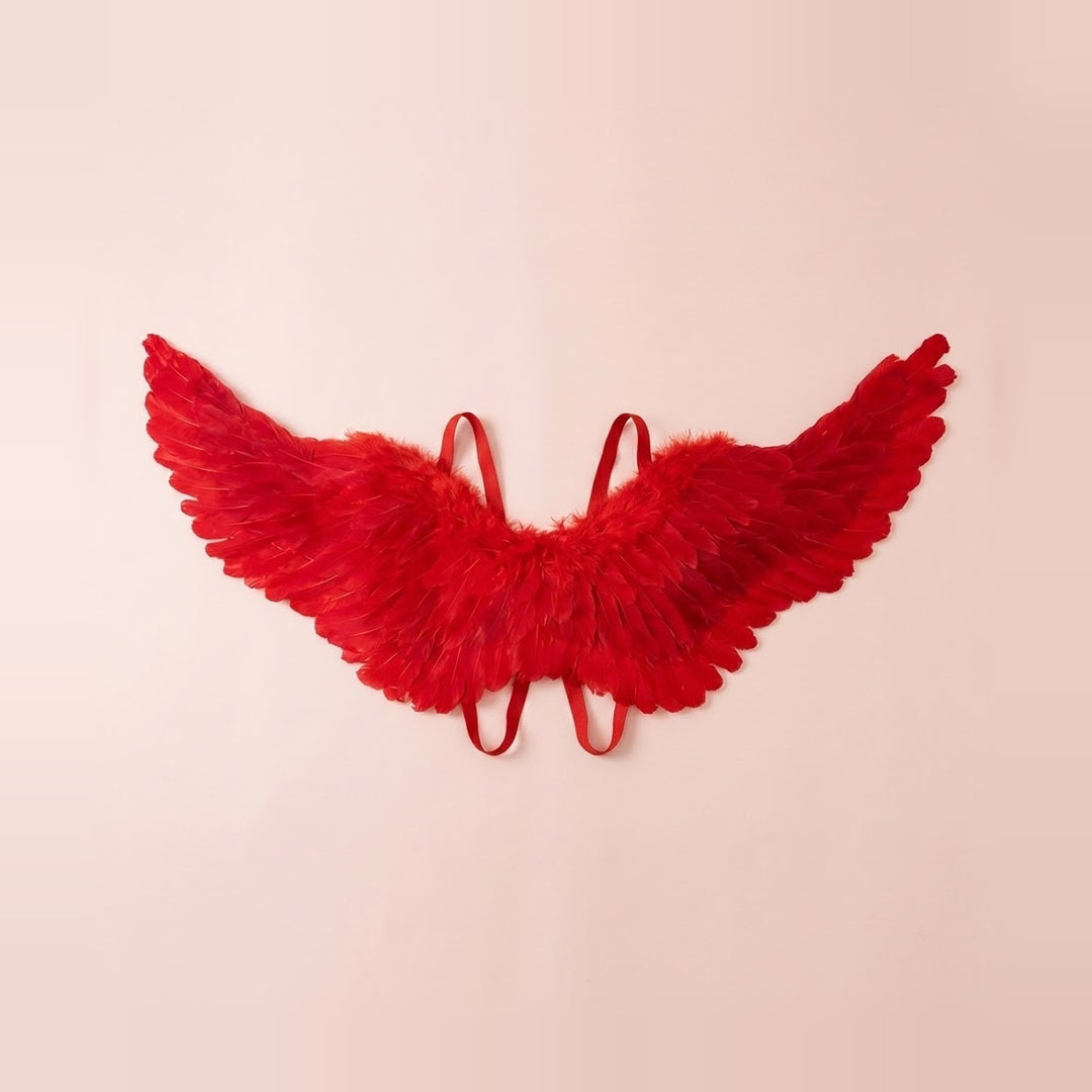 Red feather costume wings spread wide with layered feathers and matching shoulder straps against a pale peach background.