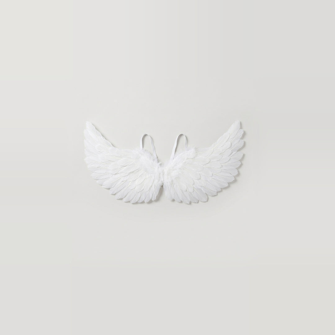 White feather costume wings have raised tips and two visible shoulder loops, centered against a light gray background.