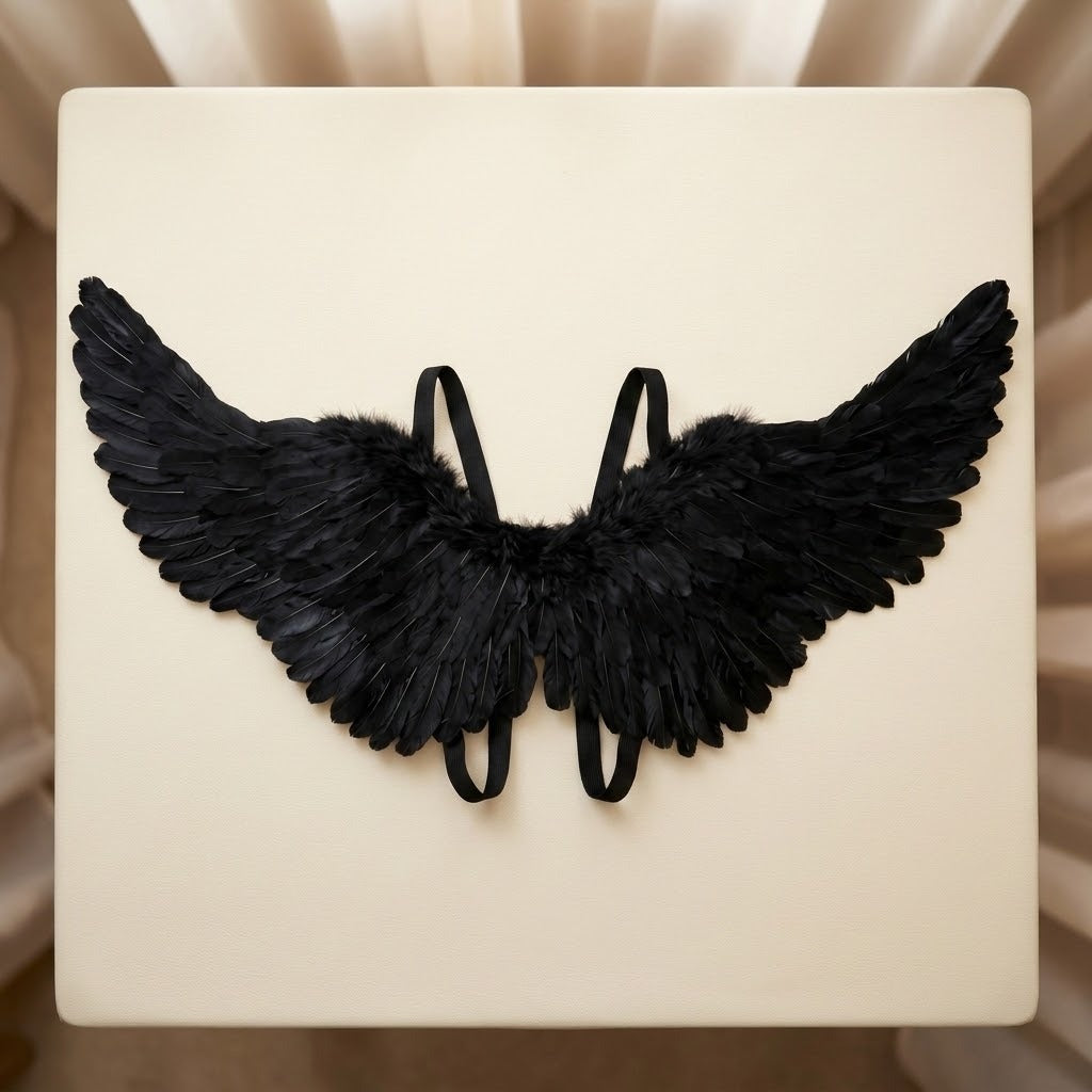 Black feather costume wings with looped elastic straps lie flat on a cream tabletop beside beige curtains.
