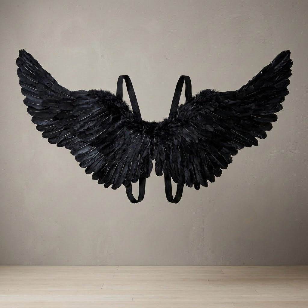 Black feather costume wings with visible elastic straps are displayed upright against a grey wall above a pale wooden floor.