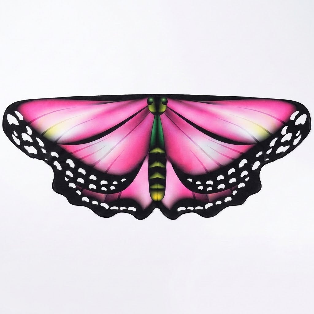 Pink chiffon butterfly cape lies flat against a white background, with black borders, white spots, and a green printed body.