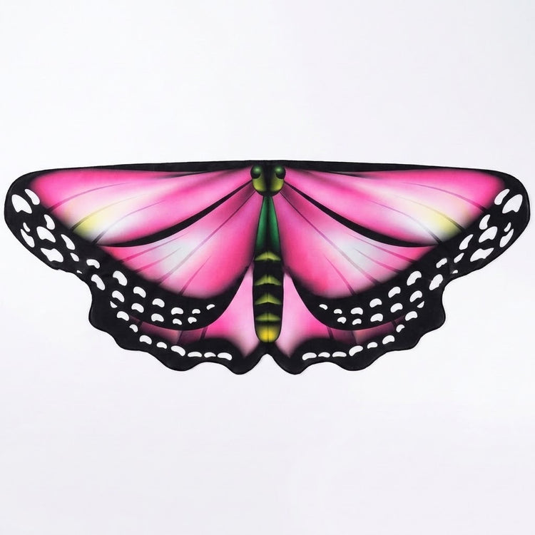 Pink chiffon butterfly cape lies flat against a white background, with black borders, white spots, and a green printed body.