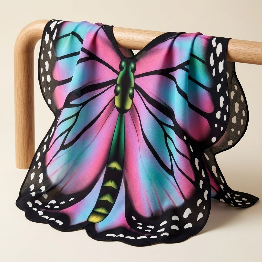 Pink and turquoise chiffon butterfly wing cape draped over a light wooden rail against a warm beige background.