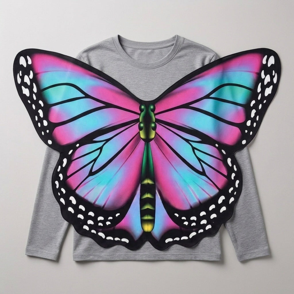 Pink and blue butterfly wings costume cape laid over a grey long-sleeve shirt to show how the wings are worn.