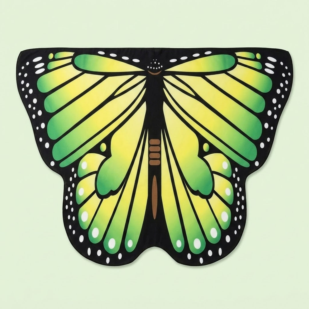 Green and yellow butterfly wing cape with black veined wings, white spotted borders, and a brown body, on a pale green background.