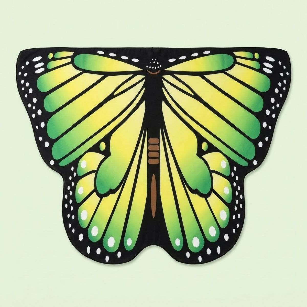 Green and yellow butterfly wing cape with black veined wings, white spotted borders, and a brown body, on a pale green background.