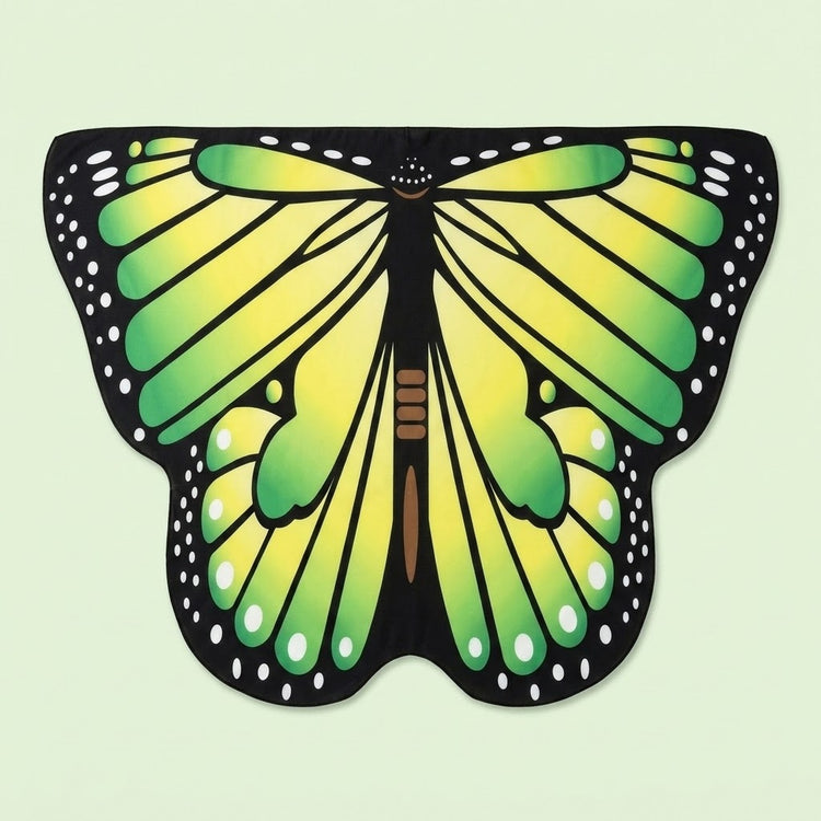 Green and yellow butterfly wing cape with black veined wings, white spotted borders, and a brown body, on a pale green background.