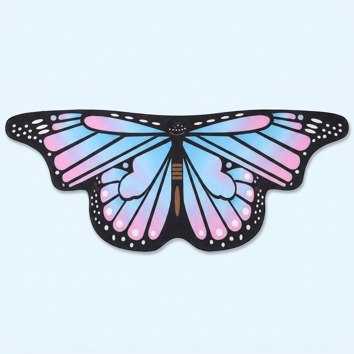 Pastel blue and pink butterfly wing cape with black veined wings and white spots, laid flat on a light blue background.