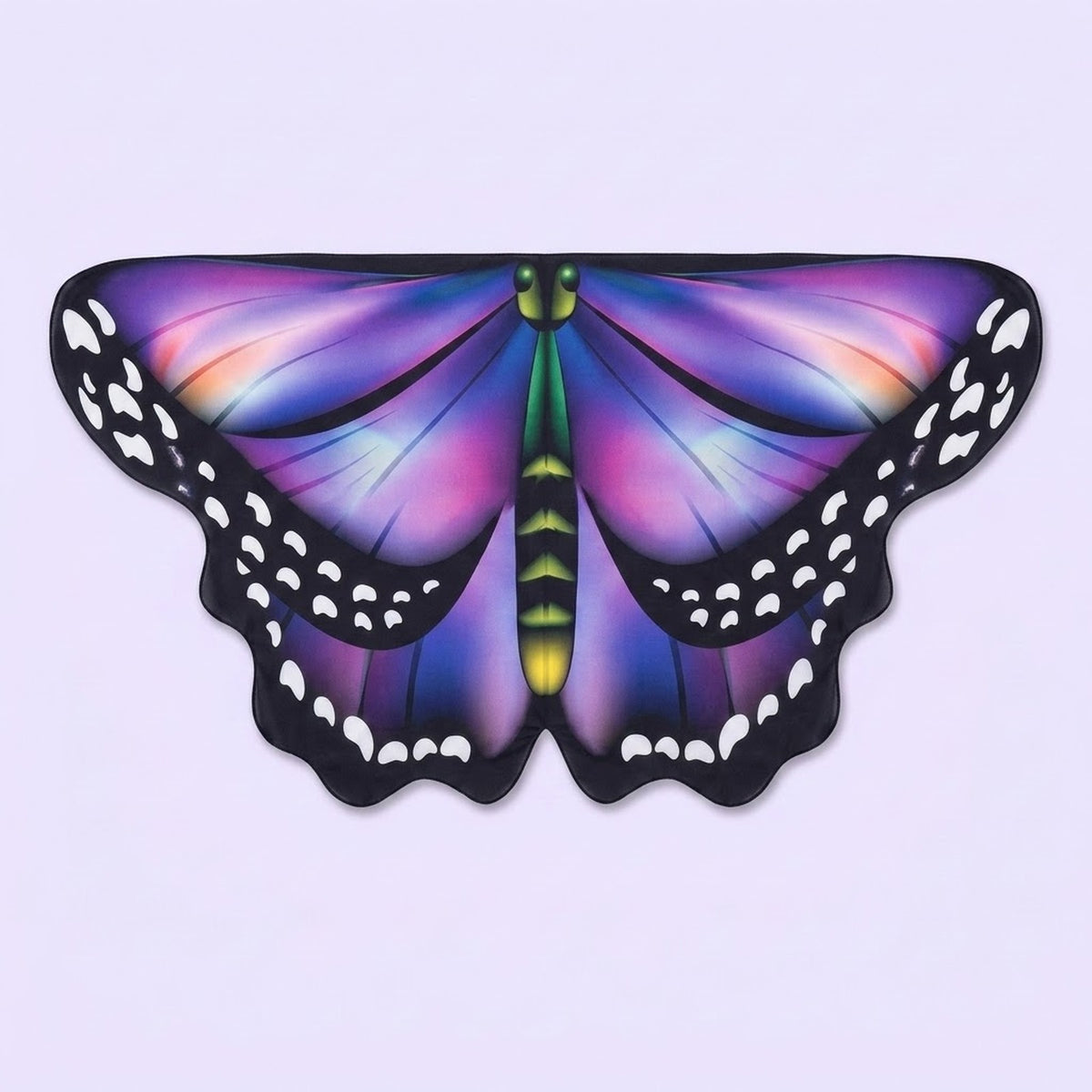Purple and blue butterfly wing cape with soft pink highlights, black spotted borders, and a green body, on a lilac background.
