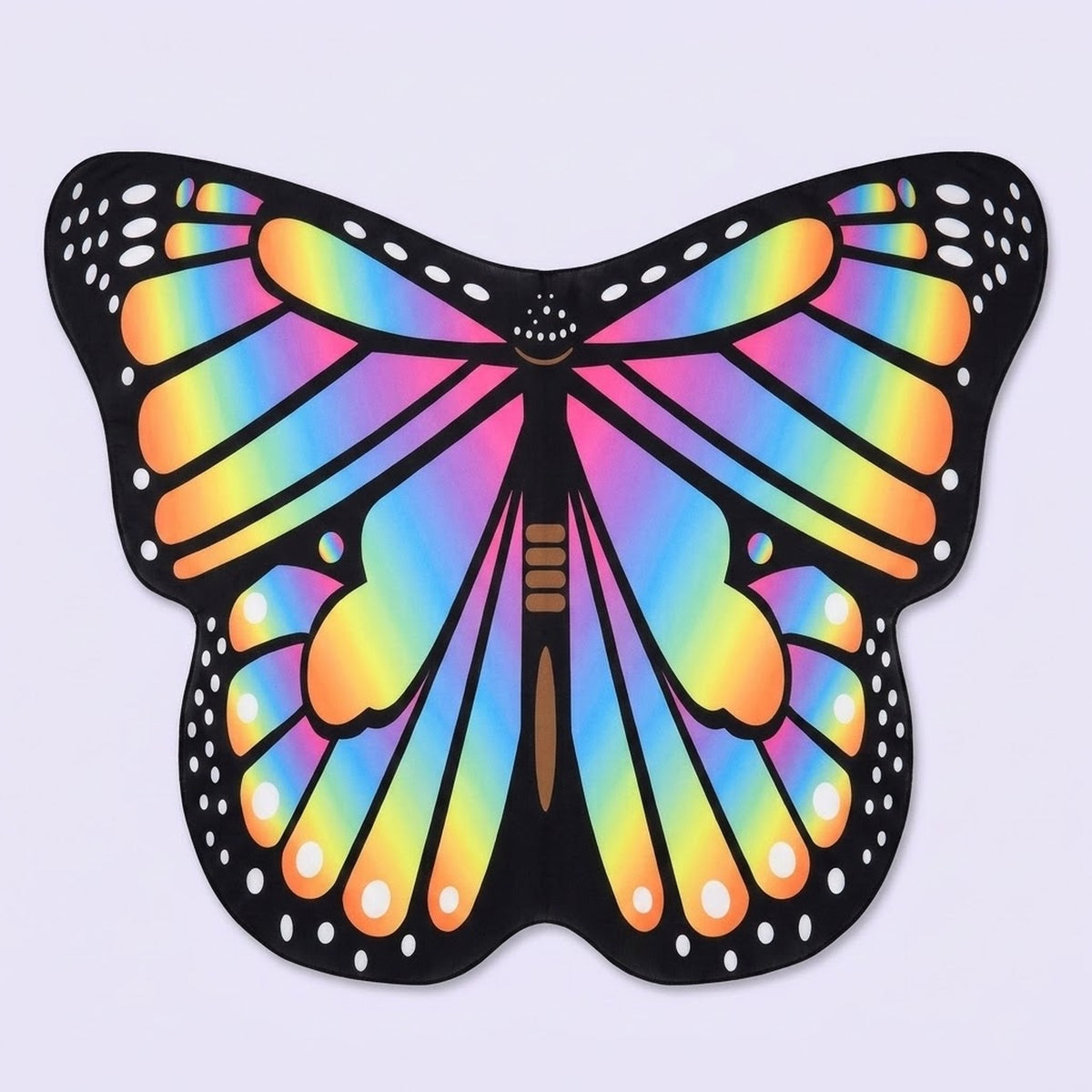 Rainbow butterfly wing cape with multicoloured veined wings, black spotted borders, and a brown body, on a pale lavender background.
