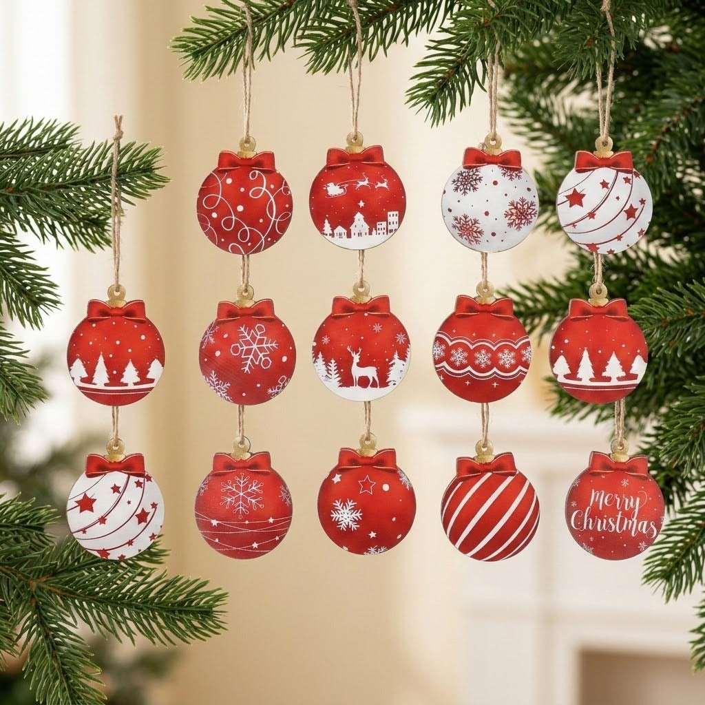 Red and white wooden Christmas ornaments with bow-shaped tops and festive patterns hang among evergreen branches against a softly blurred cream background.