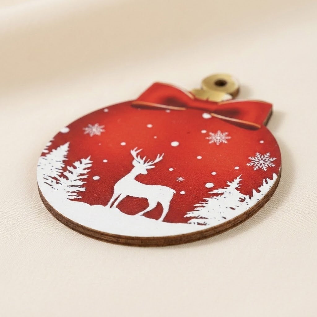 A red wooden Christmas ornament with white deer and trees rests on a cream surface, showing its thin brown edge.