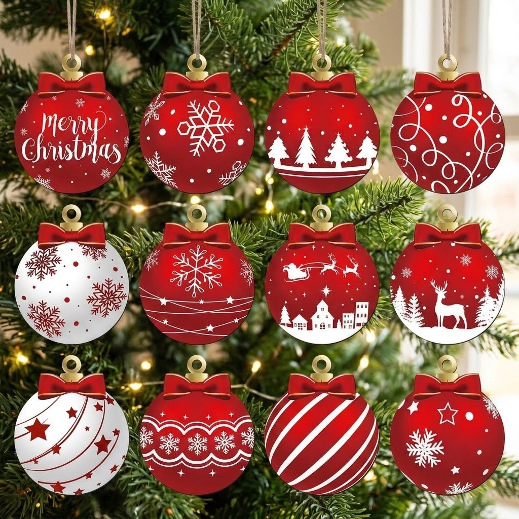 Twelve red and white wooden Christmas ornaments with assorted festive patterns hang in three rows against evergreen branches and warm lights.