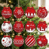 Twelve red and white wooden Christmas ornaments with assorted festive patterns hang in three rows against evergreen branches and warm lights.