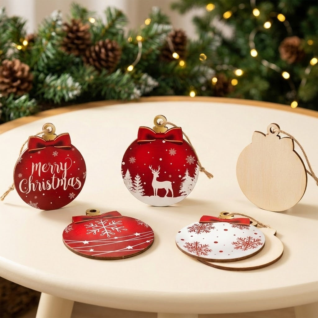 Red and white wooden Christmas ornaments show patterned fronts and plain backs on a cream table before greenery and warm lights.