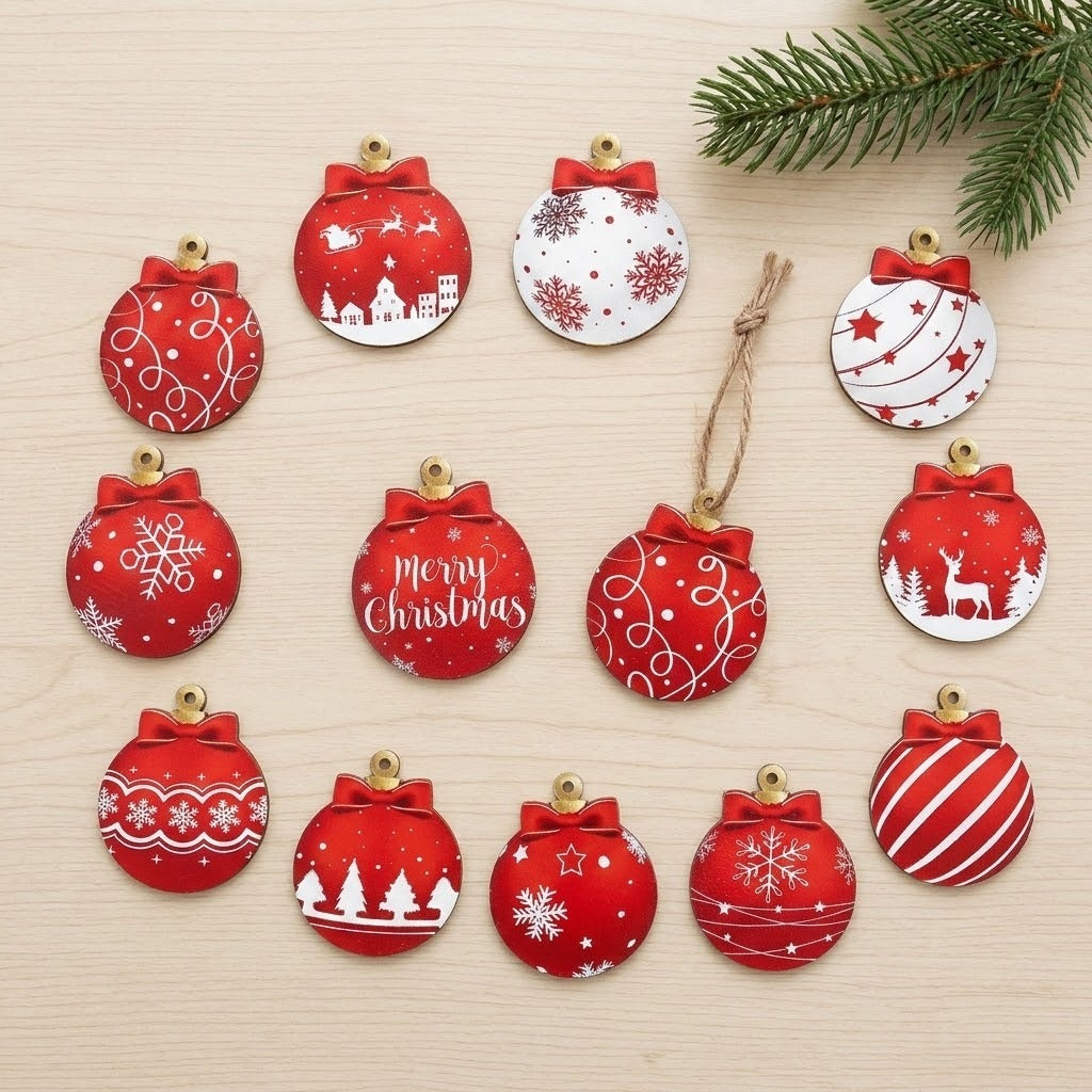 Twelve flat red and white Christmas ornaments with festive patterns lie on pale wood beside an evergreen branch and hanging twine.